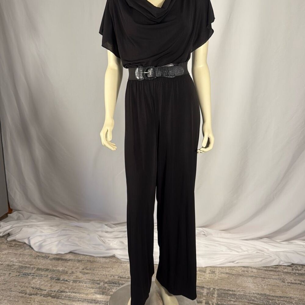 Vintage AGB Black Jumpsuit Stretch Belt Drape Neck Wide Leg Medium